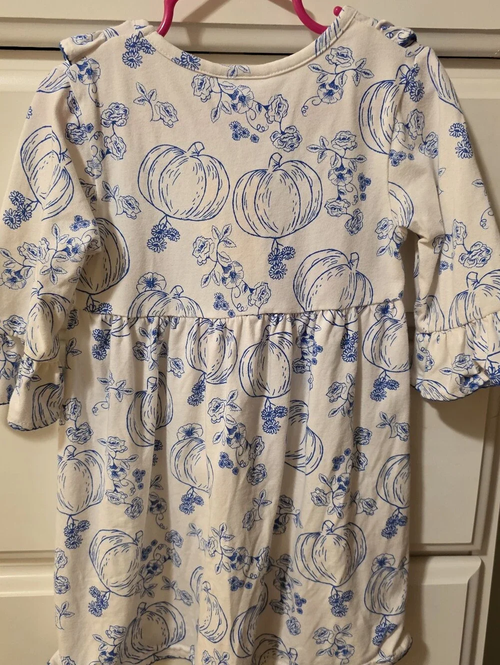 Classic Whimsey Toddler Girls' Cream Dress with Blue Pumpkin Print -